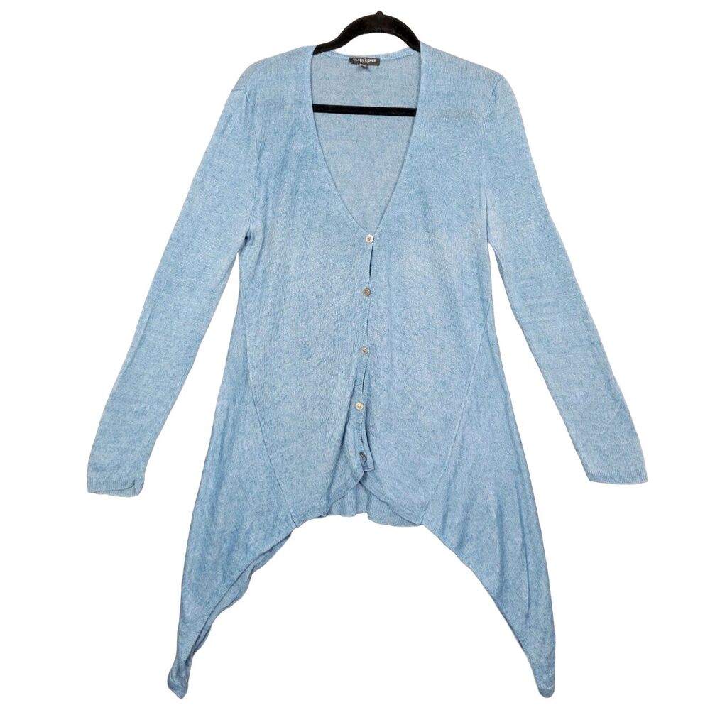 EILEEN FISHER Blue Linen Sharkbite Italian Yarn Boho Beach Cardigan PETITE LARGE